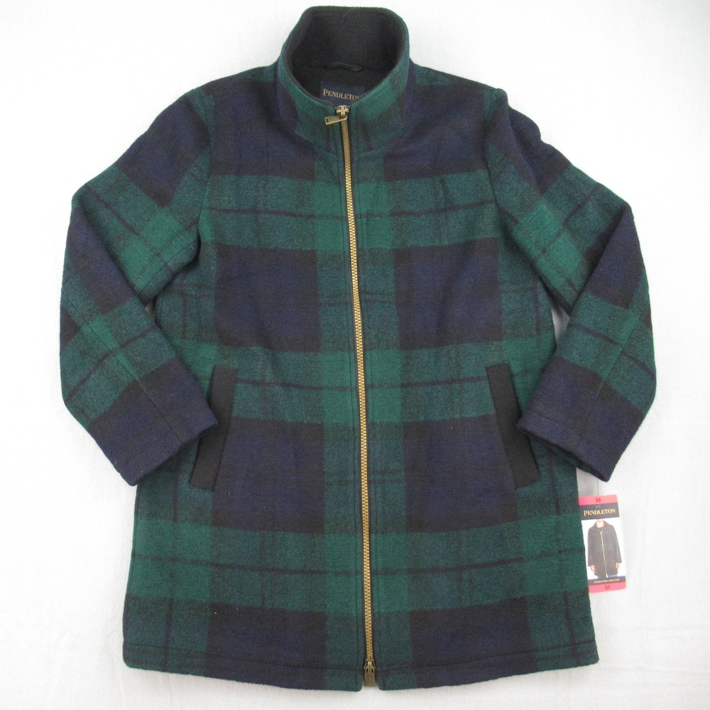 Pendleton Wool Blend Coat Women M Green Black Plaid Full Zip Mock Neck